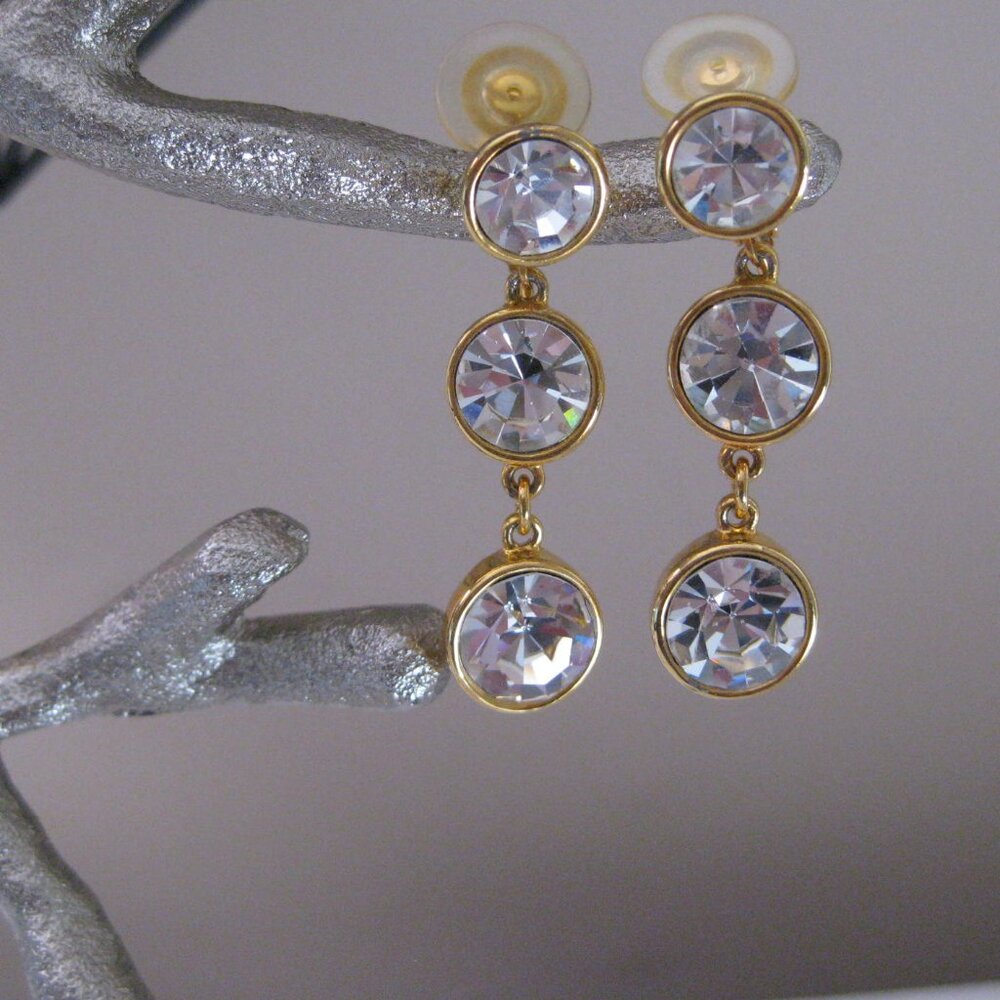 Vintage Joan Rivers Three (3) Rhinestone Drop Dangle Clip on Earrings
